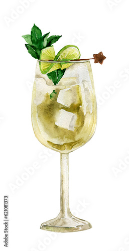 Watercolor coctail, hugo spritz, mojito, sparkling wine, soda, martini. Summer drink refreshing illustration, low alcohol beverage, coctail bar menu, aperitif, liquor. Elderflowers, lemon, lime, mint