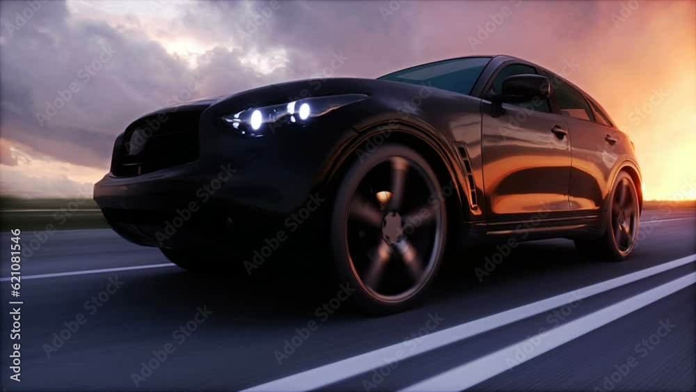 Luxury black car on highway. Very fast driving.