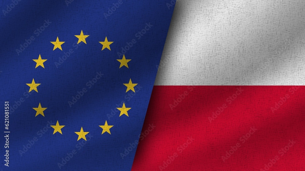 Poland and European Union Realistic Two Flags Together, 3D Illustration Poland and European Union Realistic Two Flags Together, 3D Illustration