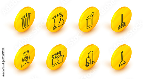 Set line Toilet plunger, Vacuum cleaner, Washer and t-shirt, Wet floor cleaning in progress, Mop, Plastic bottles for liquid dishwashing liquid, Trash can and icon. Vector