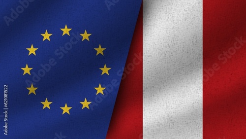 Peru and European Union Realistic Two Flags Together  3D Illustration