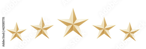 5 realistic gold vector stars isolated on white background. Rating, grading, voting
