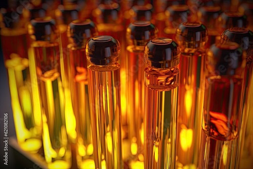 In a scientific environment, close-up of glass test tubes filled with a thick, yellow liquid. assessing the notion of refining petroleum products