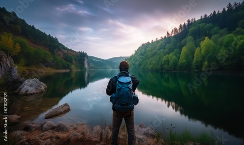 Tourist with a blue backpack looking at the calm river in the mountains. Hiker in the beautiful nature. Generative AI.