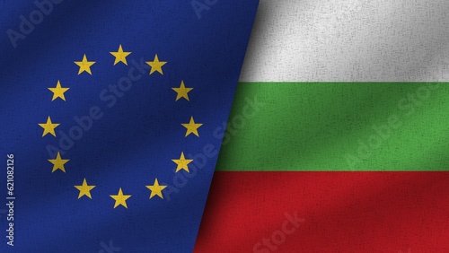 Bulgaria and European Union Realistic Two Flags Together, 3D Illustration