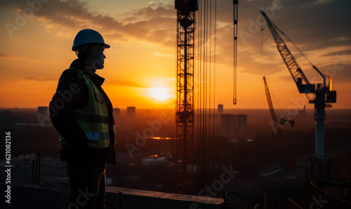 Male builder in a vest and casque looks at cranes. Constructor standing at building at sunset. Generative AI. © Vadim