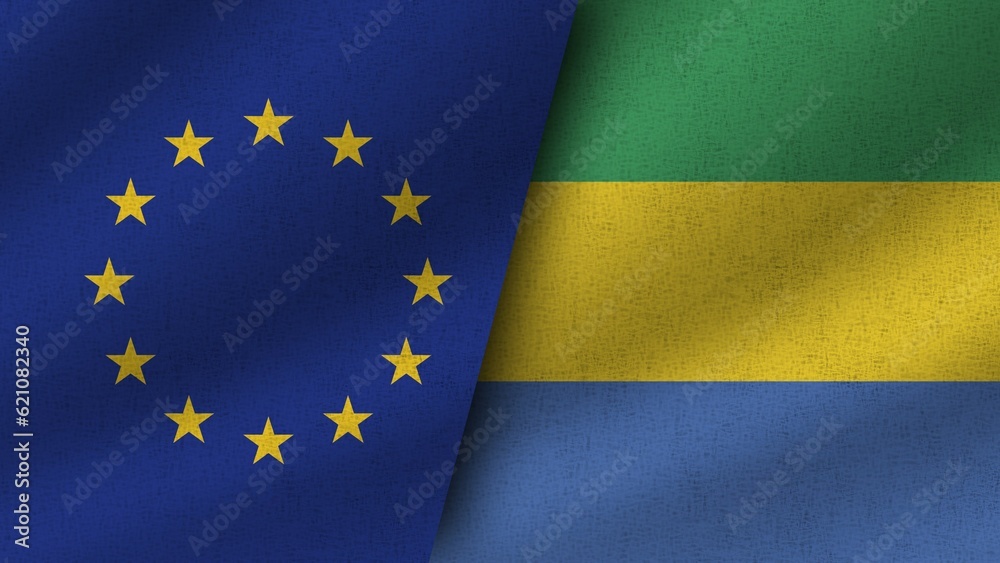 Gabon and European Union Realistic Two Flags Together, 3D Illustration