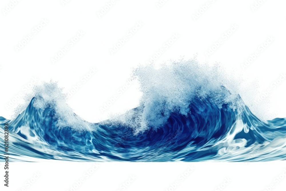 isolated waves on a blue ocean with white foam. Background is white ...
