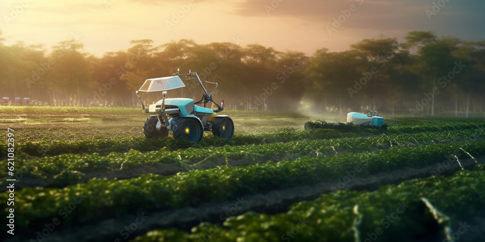 Fototapeta premium Agriculture robotic and autonomous car working in smart farm, Future 5G technology