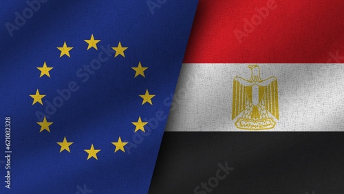 Egypt and European Union Realistic Two Flags Together, 3D Illustration