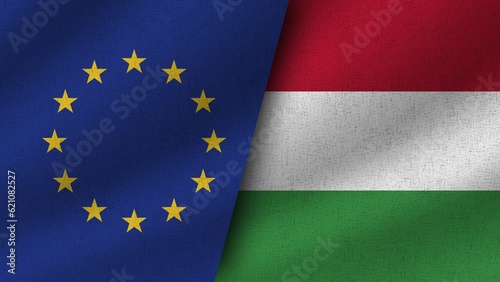 Hungary and European Union Realistic Two Flags Together, 3D Illustration