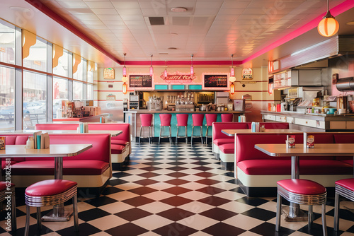 A retro diner interior with colorful booths, checkered floors, generative ai 