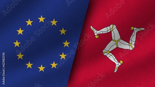 Isle of Man and European Union Realistic Two Flags Together, 3D Illustration