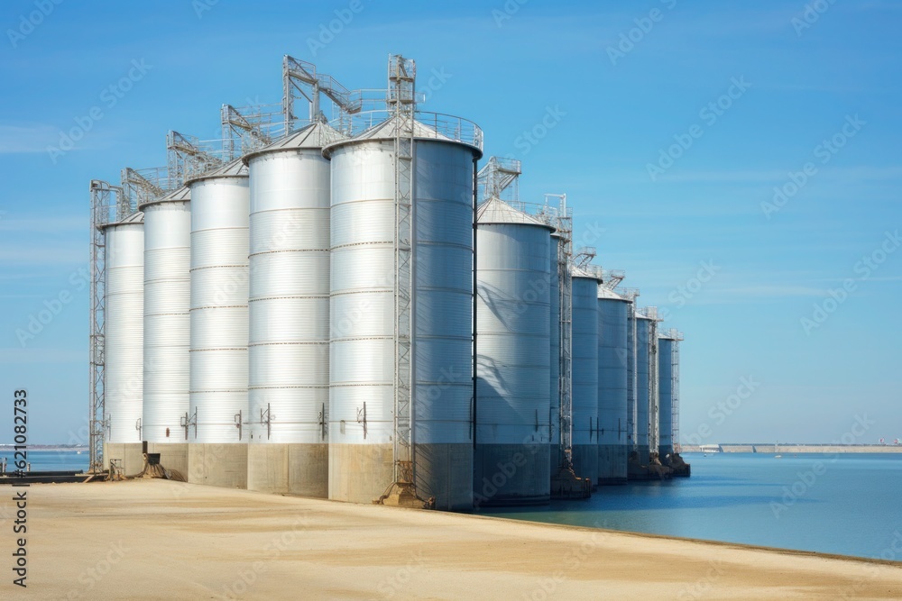 granary, metal structures for storage and export of wheat and corn. AI generated granary, metal structures for storage and export of wheat and corn. AI generated