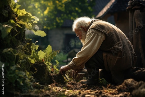 The gray-haired old man is working with growing vegetables in his garden. AI generated