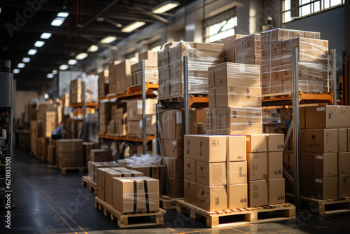 Image of boxes being placed on warehouse racks, representing efficient storage and organization in a logistics setting. Generative Ai.