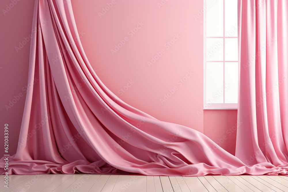 A mock-up 3D rendering featuring a pastel pink empty wall in a room with silk curtain drapes. Generative Ai. A mock-up 3D rendering featuring a pastel pink empty wall in a room with silk curtain drapes. Generative Ai.