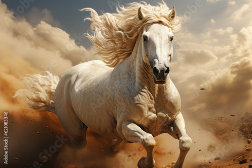Featuring a flying horse with a golden mane  representing a fantasy concept. Presented in an illustration painting style. Generative Ai.