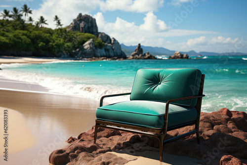 Showcasing a green chair resting on a beach  representing relaxation  travel  and booking concepts.  Generative Ai.