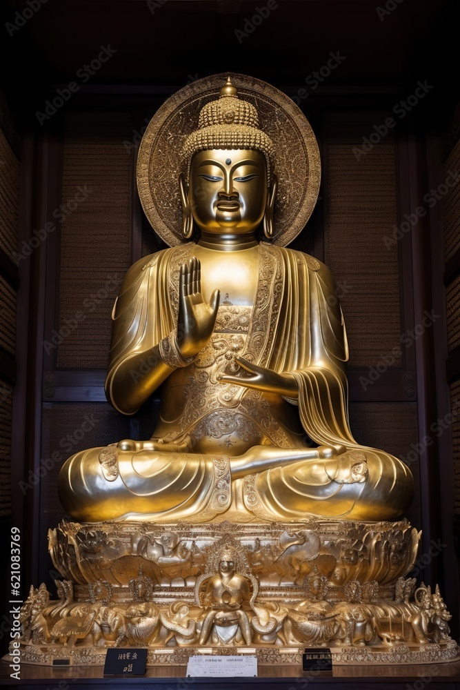 Golden Buddha statue in the temple. Created with Generative Ai technology.