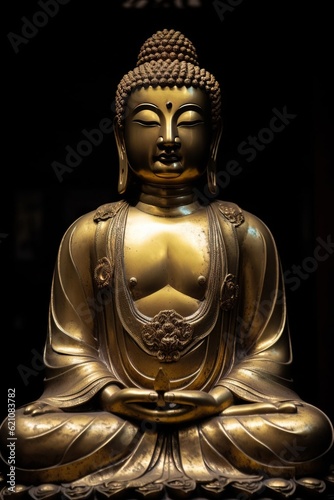 Golden Buddha statue in the temple. Created with Generative Ai technology.