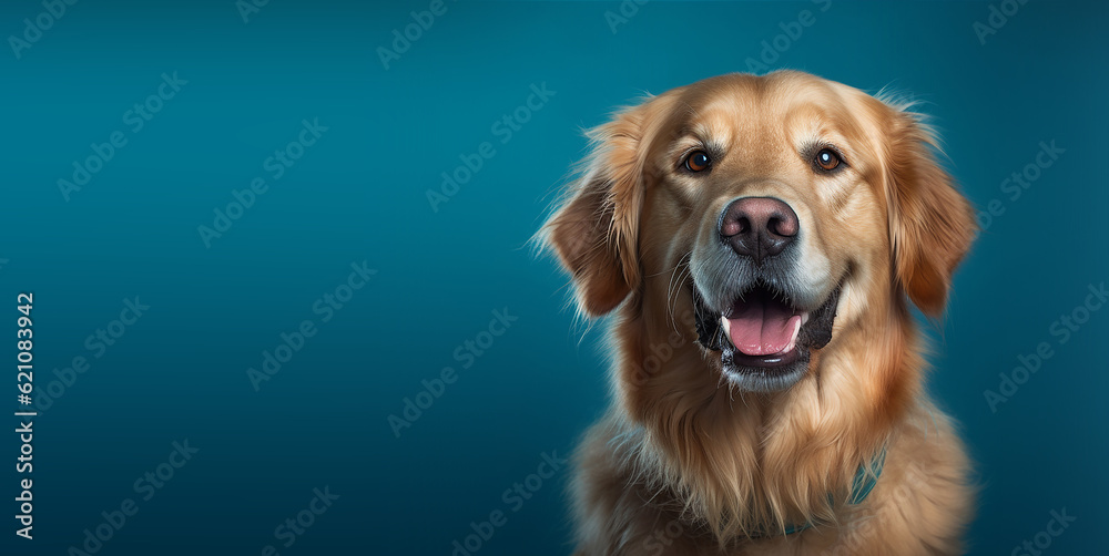 Beautiful happy golden retriever dog smiling on blue background. Dog Face Close Up. Ai generetive