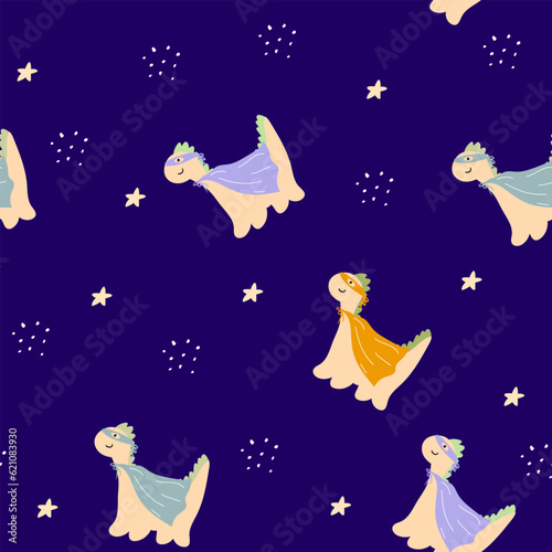 Dinosaur superhero in cape and mask seamless pattern.Hand drawn illustration with dino for kids textile,clothing,accessories,birthday party decor. Vector cartoon character print for design apparel