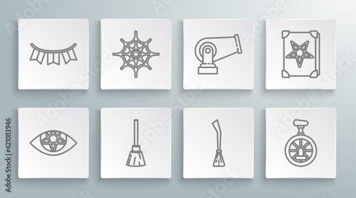 Set line Pentagram, Spider web, Witches broom, Unicycle or one wheel bicycle, Cannon, Ancient magic book and Carnival garland with flags icon. Vector