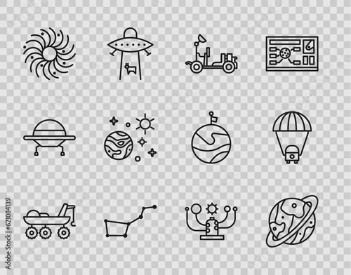 Set line Mars rover, Space capsule and parachute, Great Bear constellation, Black hole, planet, Solar system and Planet Saturn icon. Vector