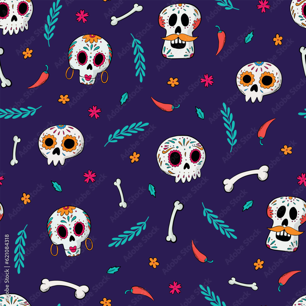 Dia de los muertos seamless pattern with doodles for wallpaper, textile ...