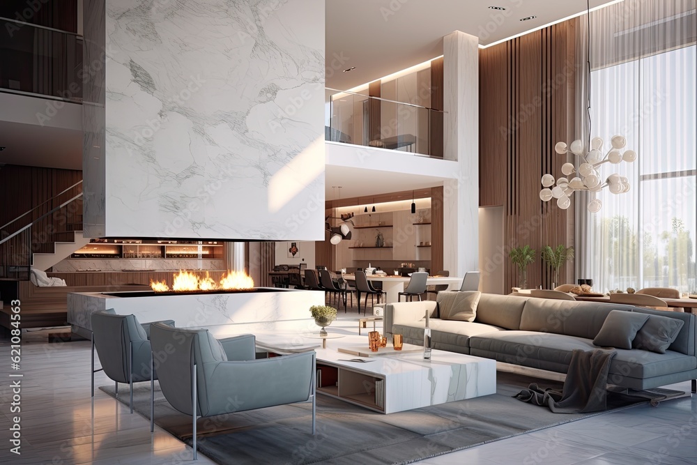 Fototapeta premium Contemporary living room with marble fireplace and gas fire, as well as open concept kitchen and dining area