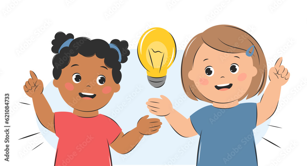 Kids with an idea, with lightbulb. Cartoon characters girls for children design. Knowledge, creative thinking and education concept. Vector illustration
Kids with an idea, with lightbulb. Cartoon characters girls for children design. Knowledge, creative thinking and education concept. Vector illustration