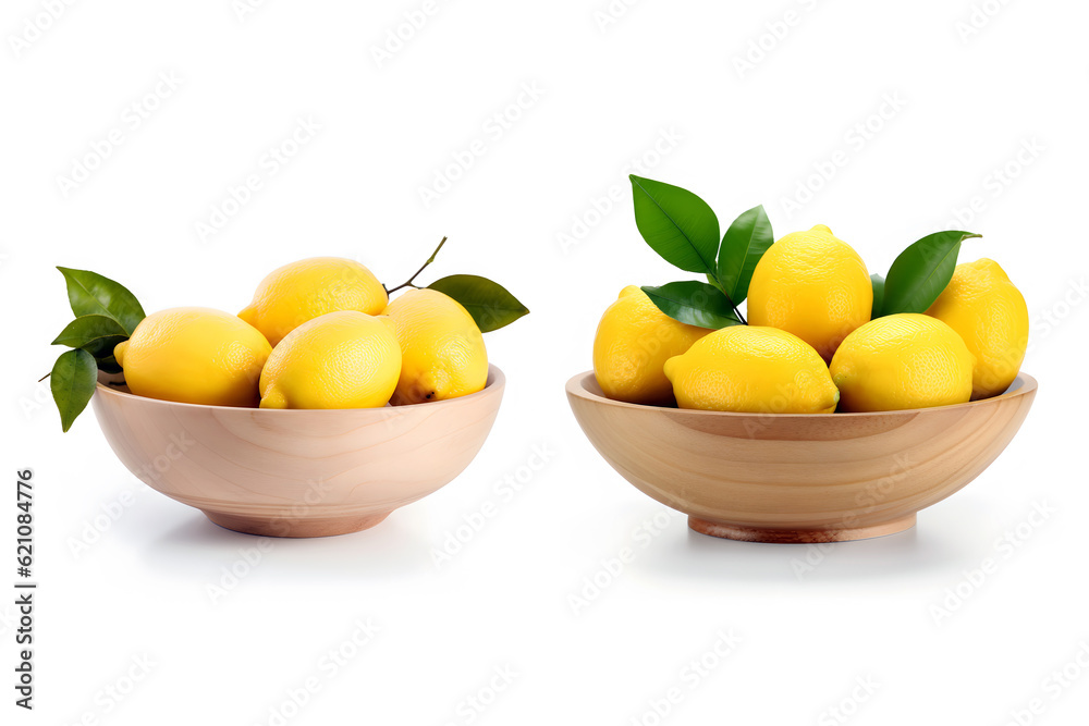 Lemons in a wooden bowl isolated on white Lemons in a wooden bowl isolated on white