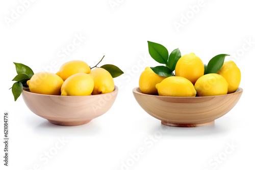 Lemons in a wooden bowl isolated on white