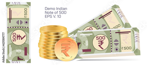 Indian currency vector, demo notes illustration, different types of currency notes, official currency, subdivided into 500, 200, 100, bank notes, reflects the nation's rich and diverse culture.