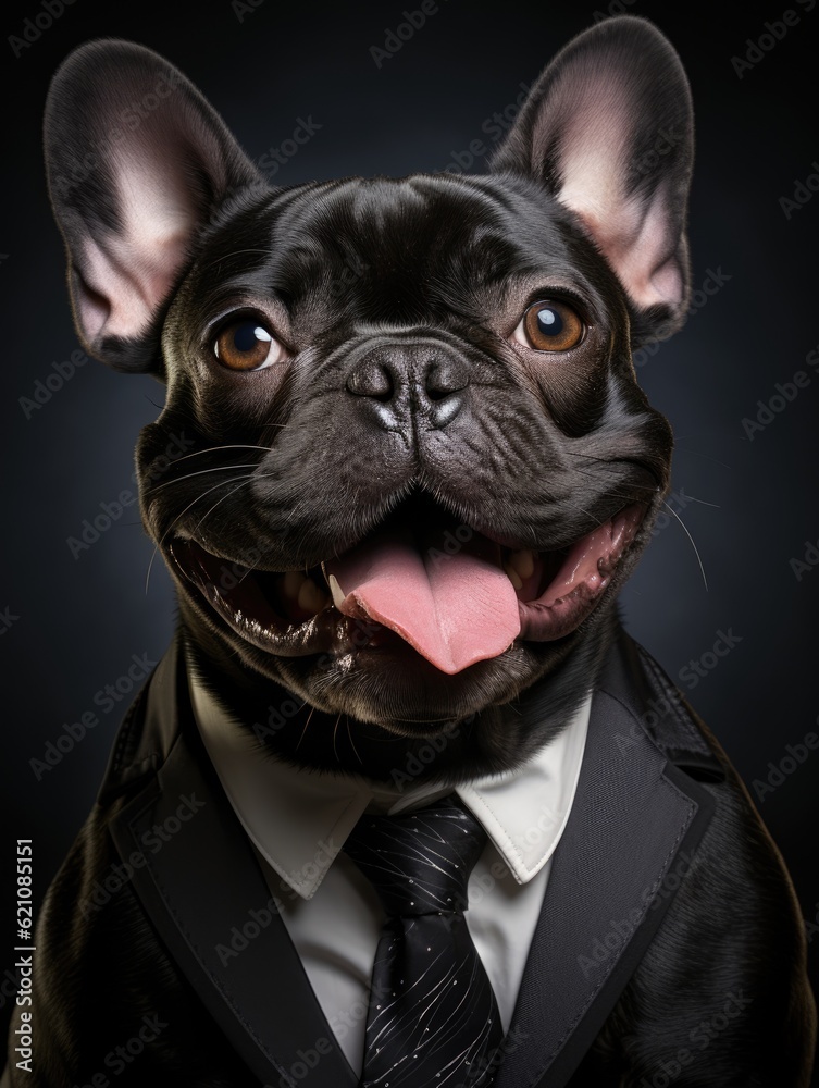 Portrait of a French bulldog dog dressed in a modern designer suit