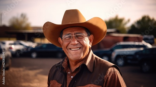 Fotografie, Obraz Smiling senior hispanic man wearing a cowboy hat looking at the camera