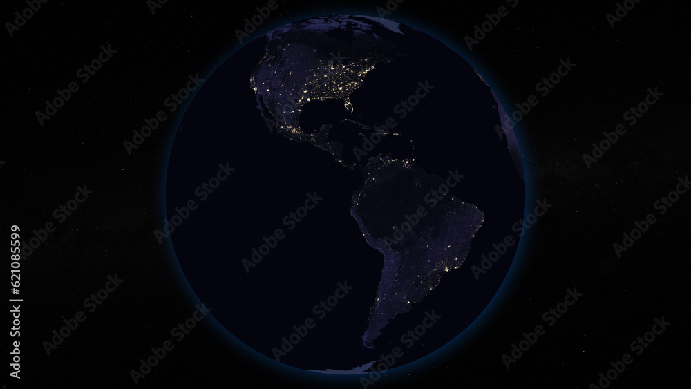 Planet Earth focused on South and North America by night. Illuminated cities on dark side of the Earth. Elements of this image furnished by NASA