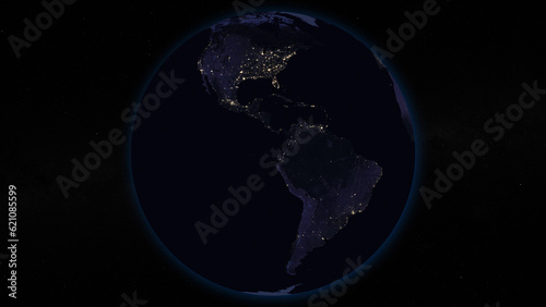 Fototapeta Naklejka Na Ścianę i Meble -  Planet Earth focused on South and North America by night. Illuminated cities on dark side of the Earth. Elements of this image furnished by NASA