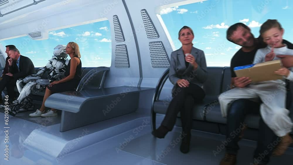 3d people and robots. Flying passenger train in clouds. Utopia. concept of the future. Aerial fantastic view. Realistic 4k animation.