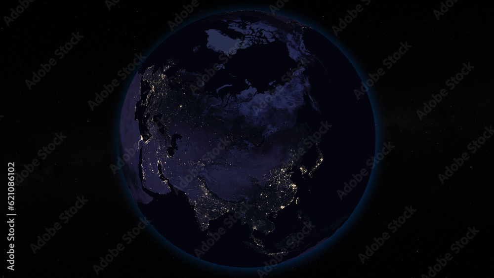 Planet Earth focused on Asia by night. Illuminated cities on dark side of the Earth. Elements of this image furnished by NASA