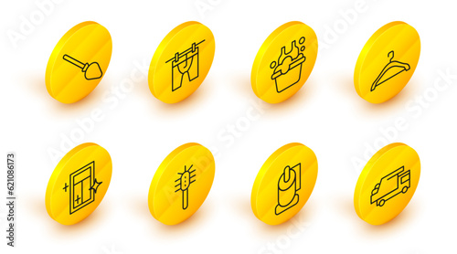 Set line Garbage truck, Toilet paper roll, brush, Cleaning service for window, Hanger wardrobe, Basin with soap suds, Drying clothes and Handle broom icon. Vector