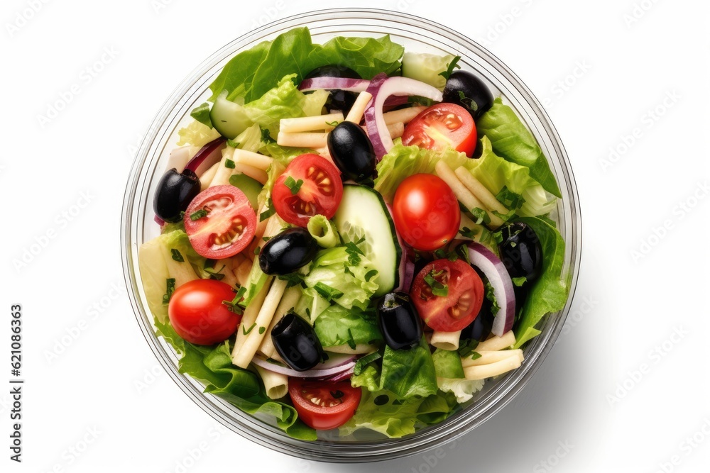 Salad in a takeaway container, perhaps a Caesar salad, Greek salad, or Mediterranean salad, seen from above, isolated on white