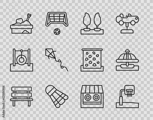 Set line Bench, Basketball backboard, Forest, Badminton shuttlecock, Sandbox with sand, Kite, Shooting gallery and Attraction carousel icon. Vector