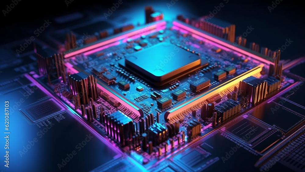 Microprocessor chip on a printed circuit board. Generative AI