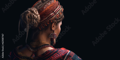 A dark-skinned woman in bright national traditional clothes, viewed from the back and on an isolated background. Generative AI
