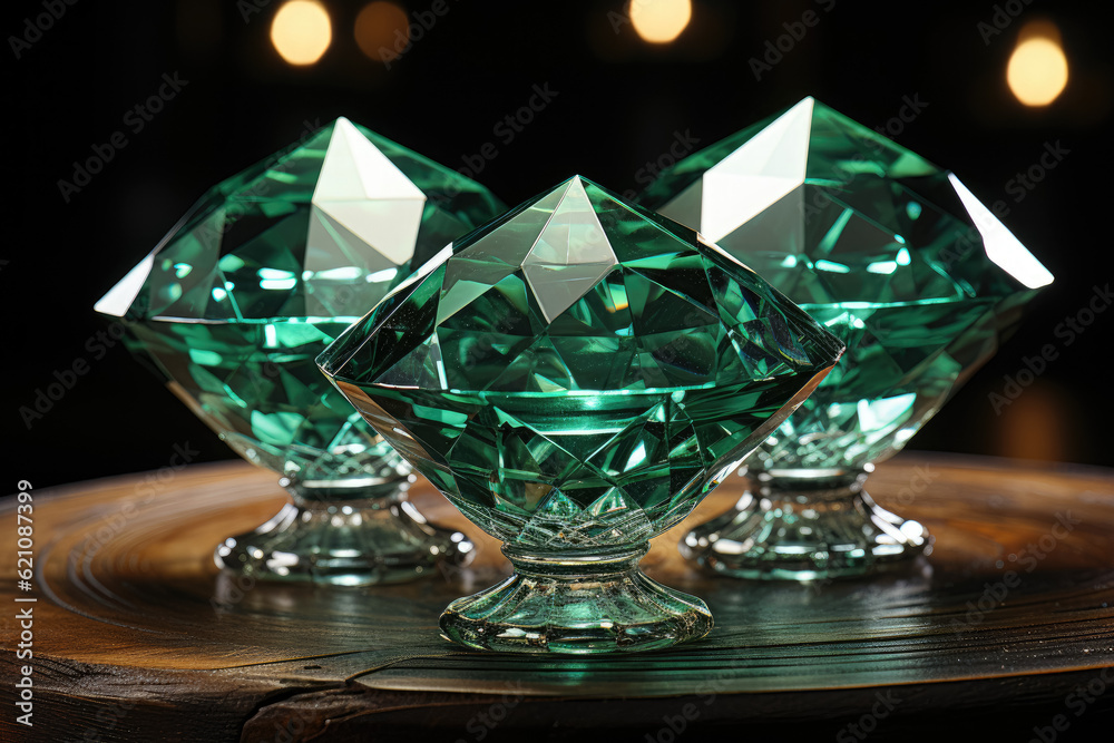 Three green diamonds are positioned on top of a wooden table, illuminated by a green light against a black surface.  Generative Ai.