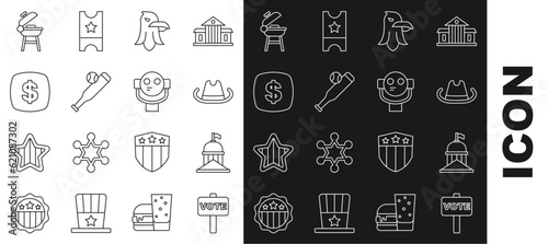 Set line Vote, White House, Western cowboy hat, Eagle, Baseball bat with ball, Dollar symbol, Barbecue grill and Tourist binoculars icon. Vector photo