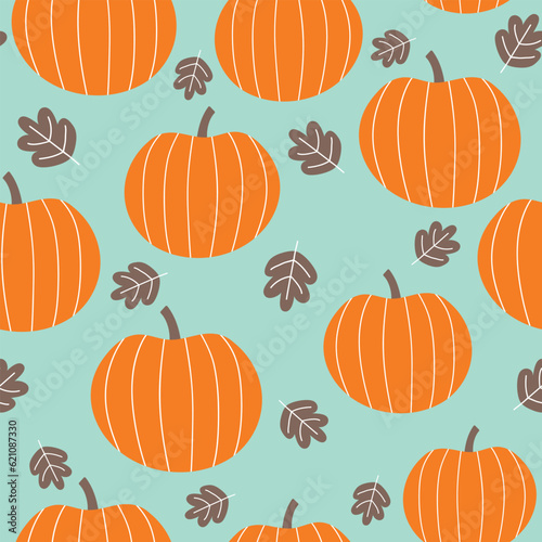 Pumpkin seamless pattern. Autumn pattern with pumpkin and fall leaves. Thanksgiving background. Vector illustration. 
