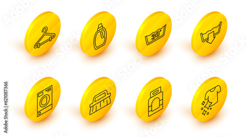 Set line Drying clothes, Laundry detergent, Brush for cleaning, Washer, Washing modes, Temperature wash, Bottle agent and Hanger wardrobe icon. Vector